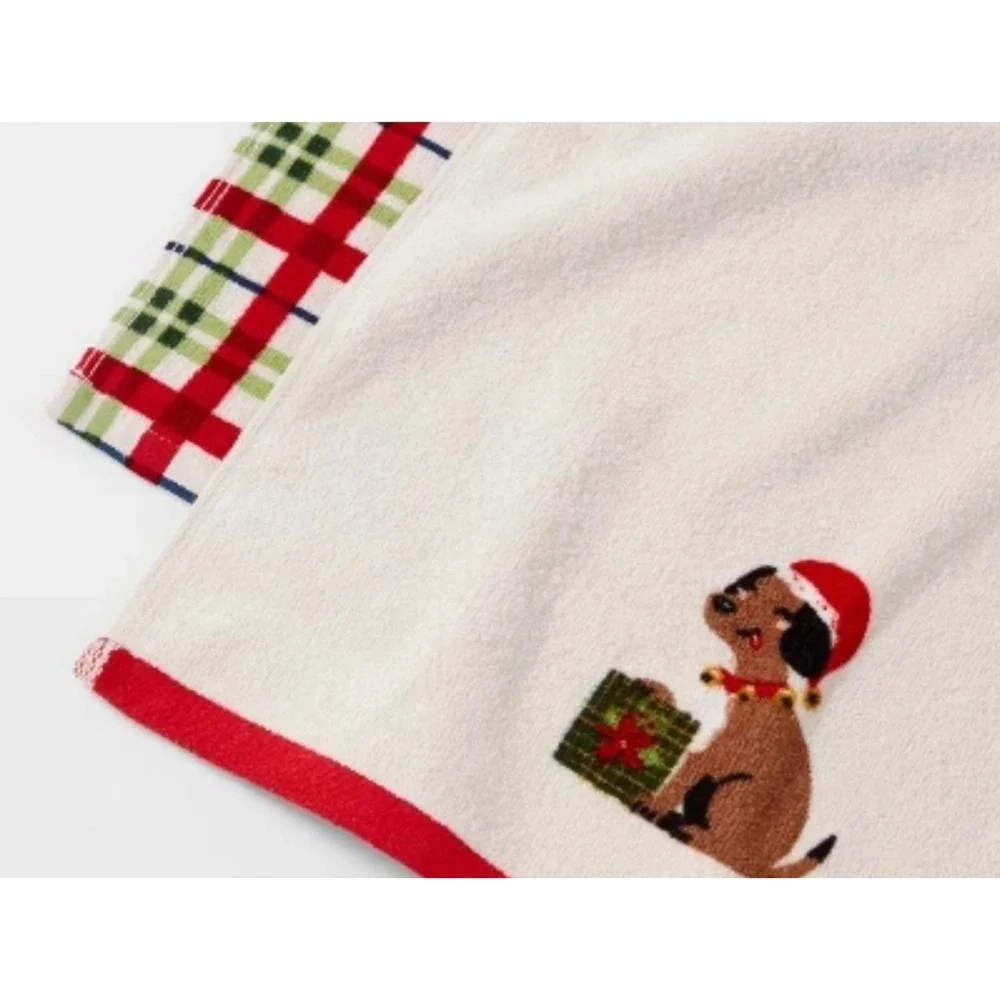 Threshold Christmas Puppy Dog and Plaid Cotton Hand Towel Set 2 Pack Red Green